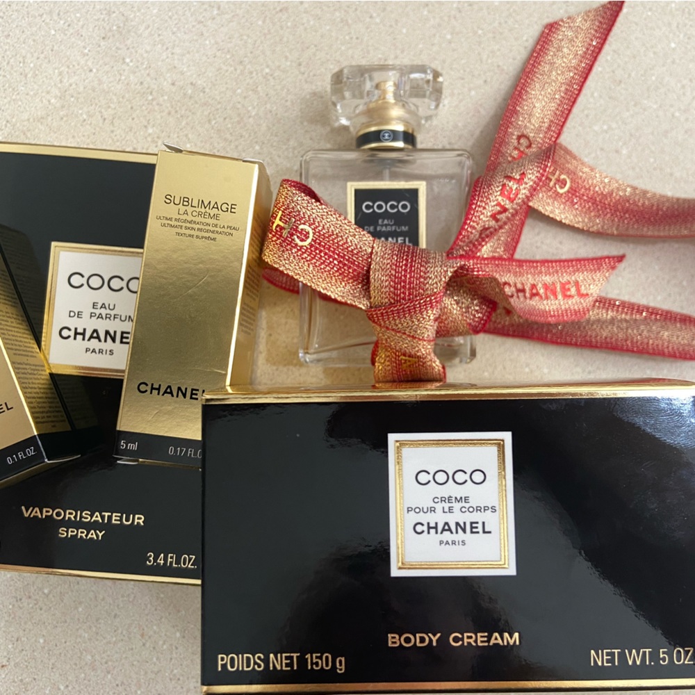 Chanel containers and ribbon (empty perfume and lotion containers)